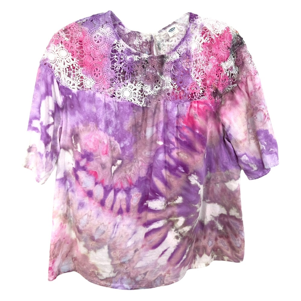 Old Navy Large Top Handmade Tie Dye Crochet Lace Pink Purple Short Sleeve 1644